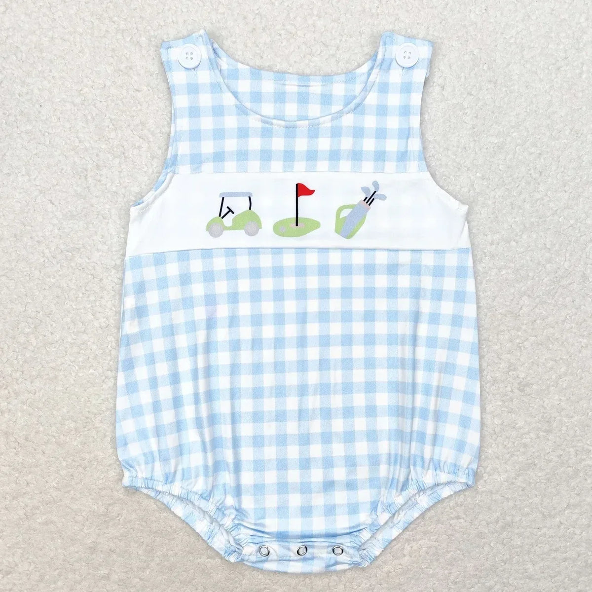 baby summer rompers blue and white gingham sleeveless romper with golf theme for infants