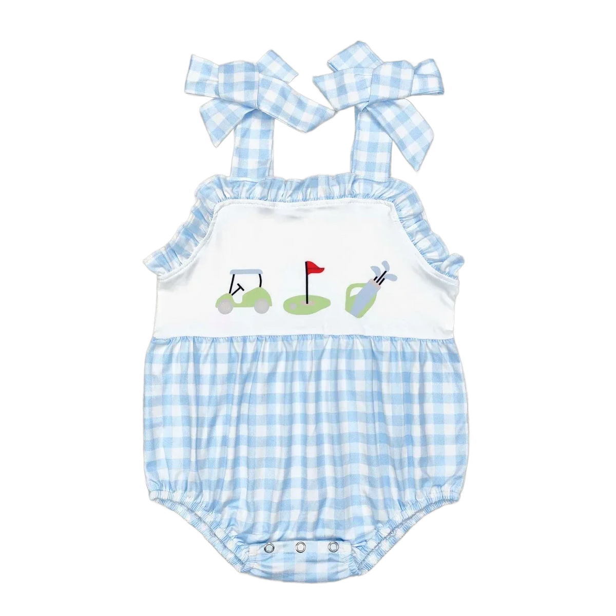 baby summer rompers blue and white gingham with golf print and bow straps for infants