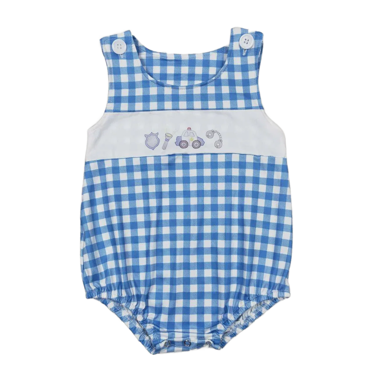 Blue and white checkered baby summer rompers with police car embroidery, sleeveless newborn size
