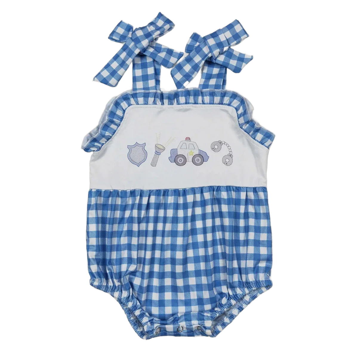 Blue and white checkered baby summer rompers with police car and badge design for infants