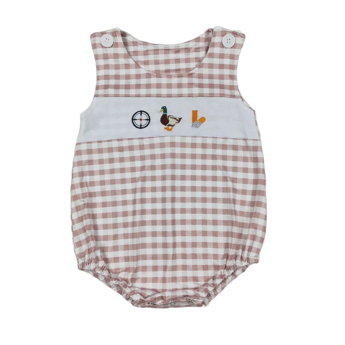Beige and white checkered baby summer rompers with button straps and embroidered duck detail