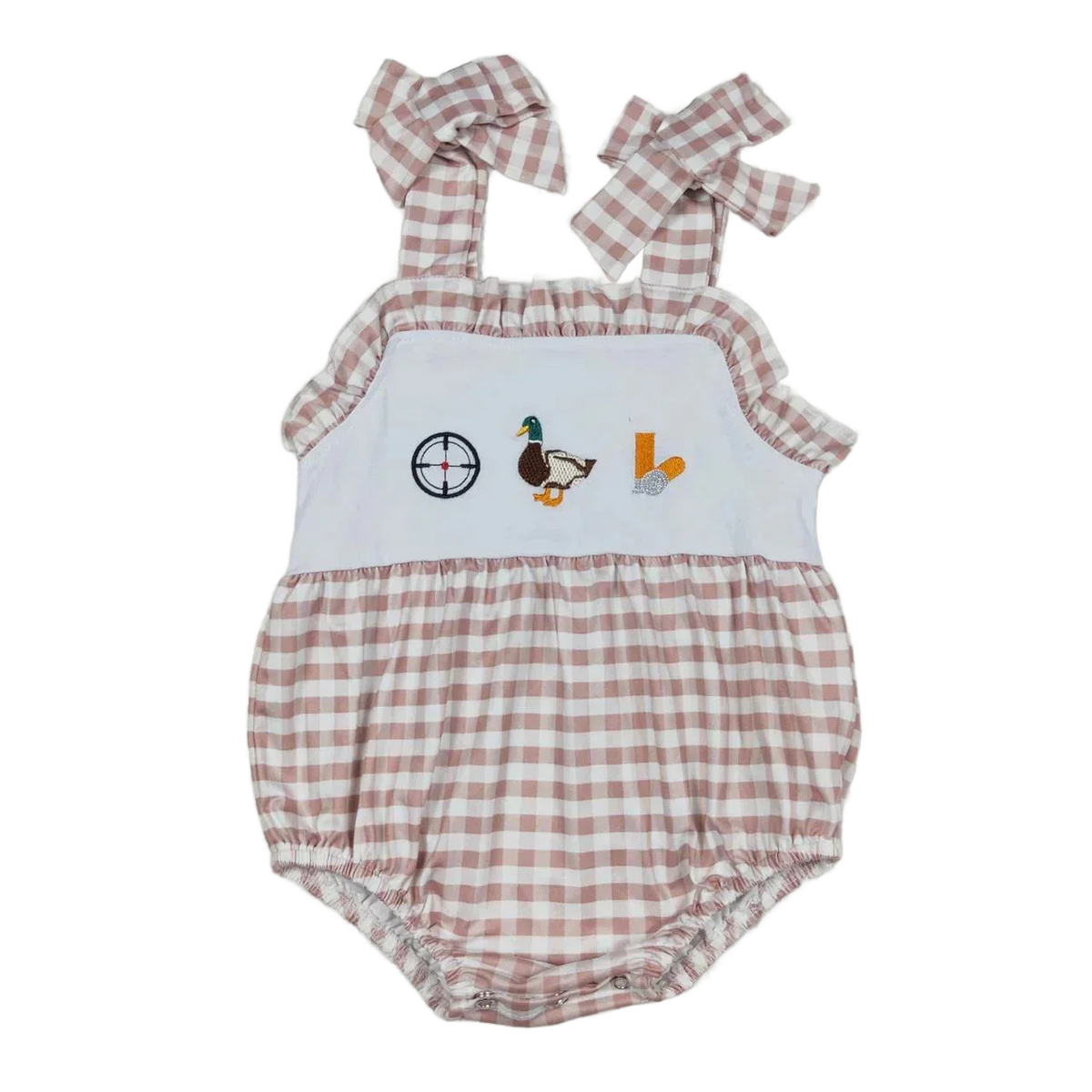 baby summer rompers pink and white checkered cotton romper with duck embroidery and bow straps