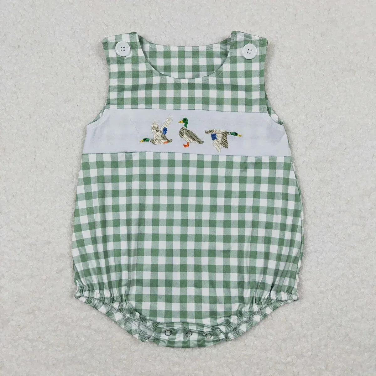 green and white checkered baby summer rompers with duck embroidery and button straps for infants