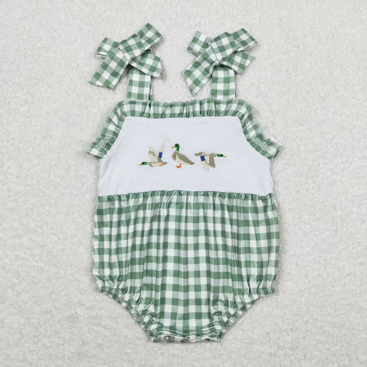 green and white check baby summer rompers with embroidered ducks and bow straps for infants