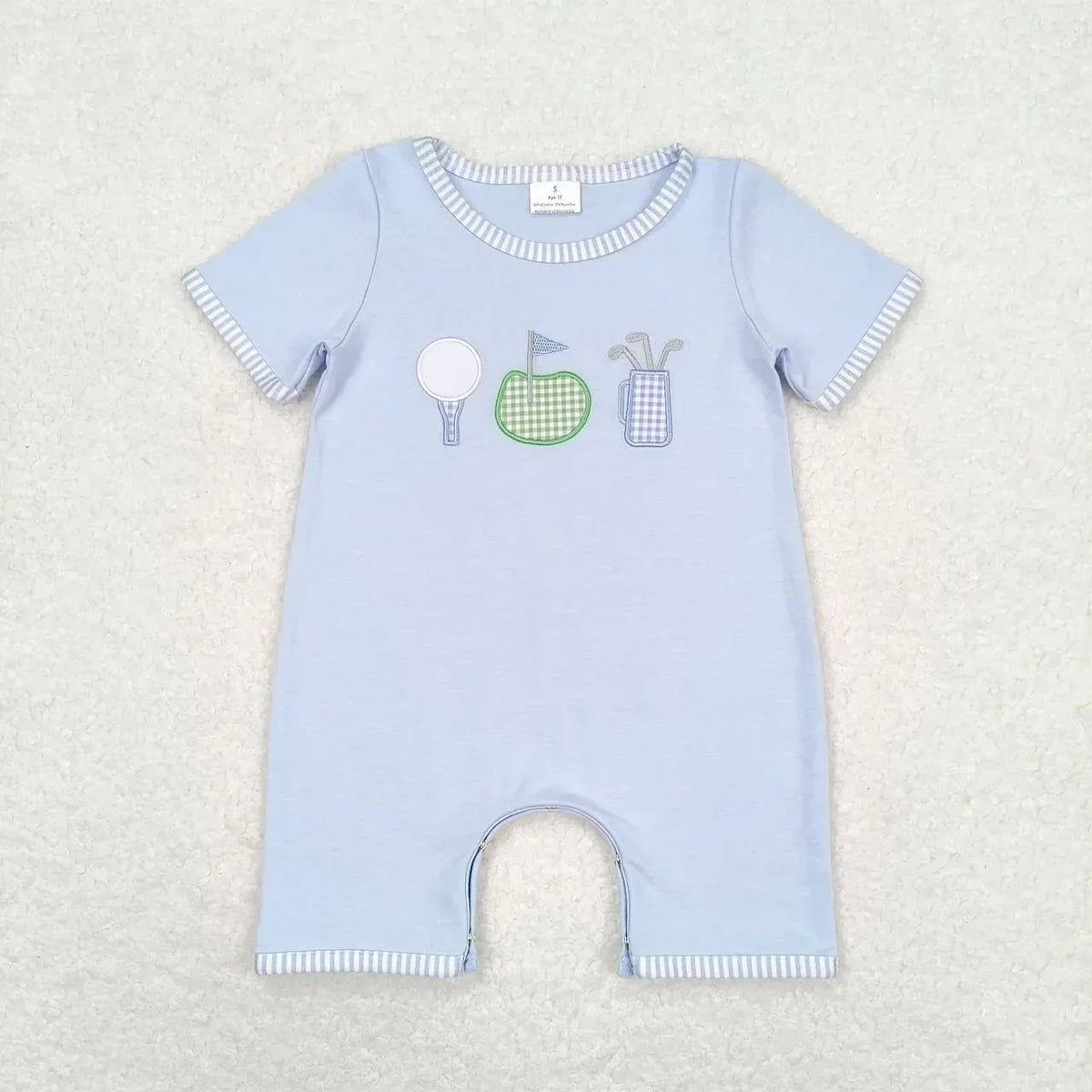 baby summer rompers light blue short sleeve with golf-themed applique for infants