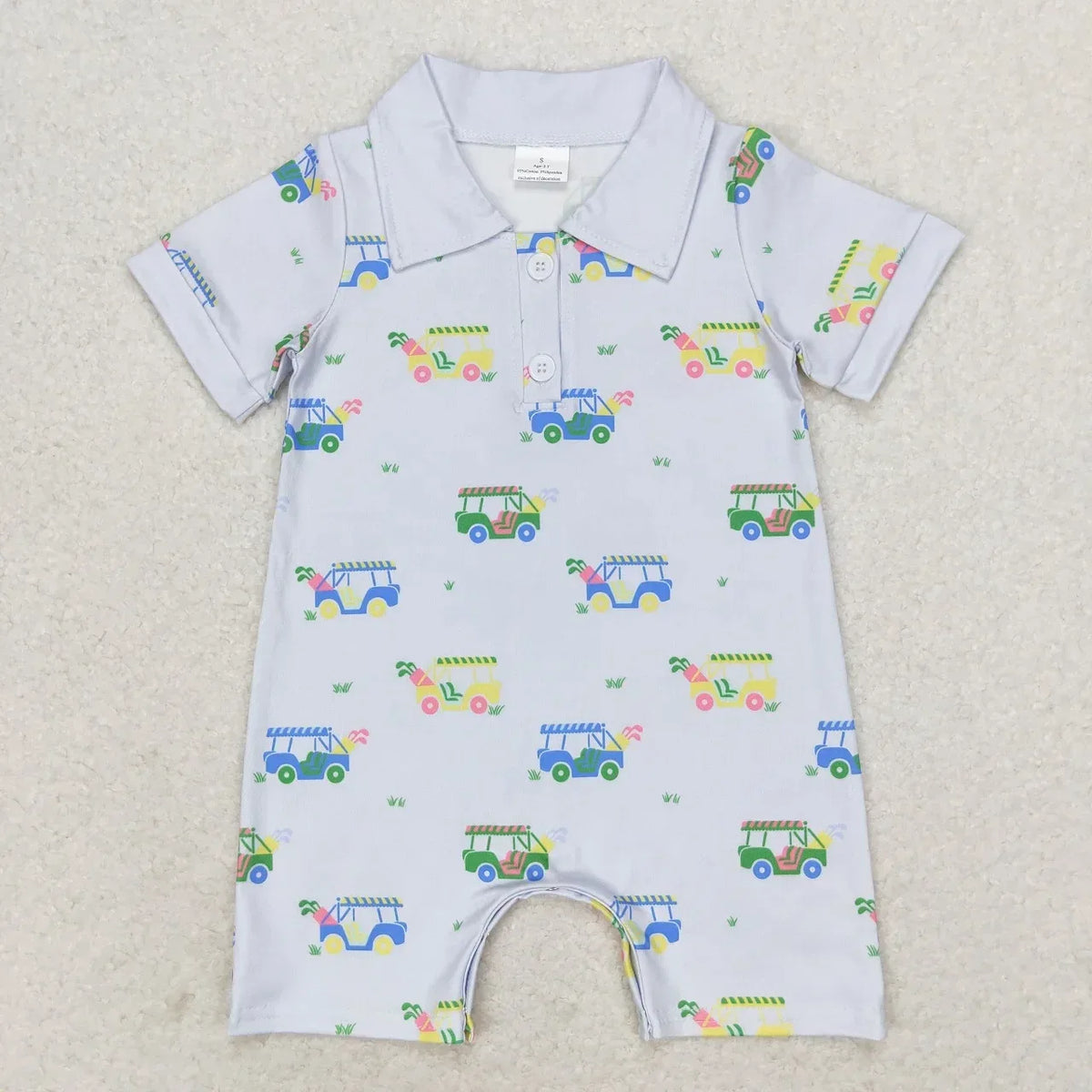 Light blue baby summer rompers with colorful car prints, short sleeves and collar for infants