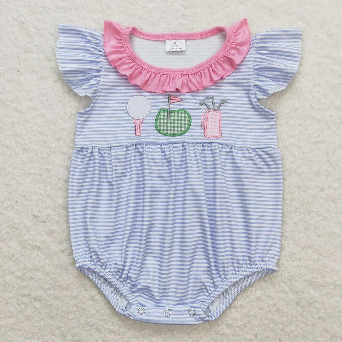 baby summer rompers blue and white striped for infants with pink ruffle collar and cute applique details