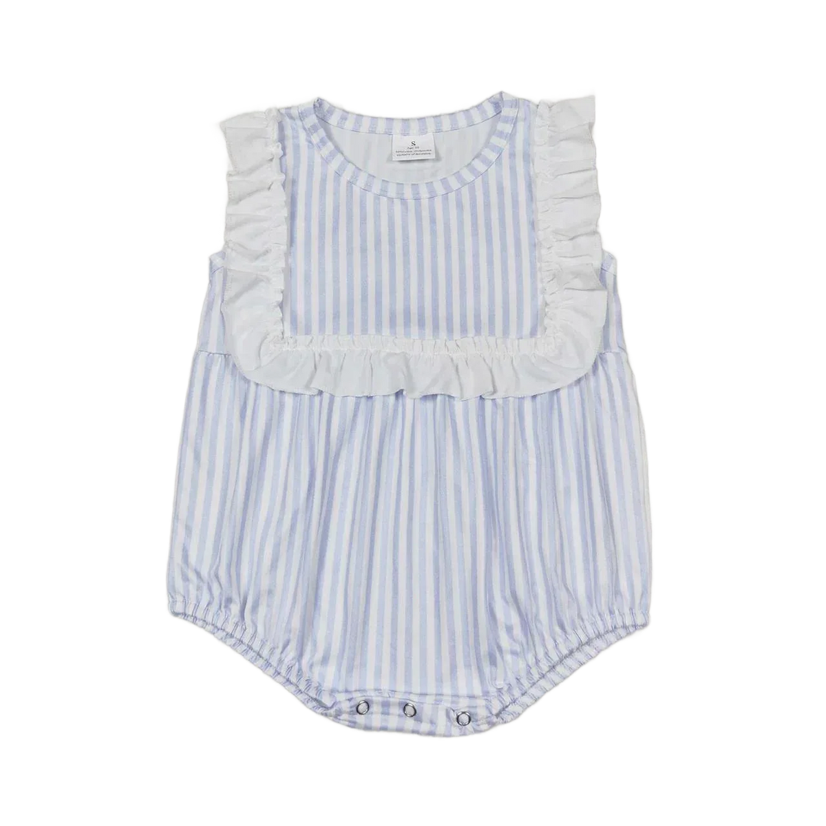 baby summer rompers blue and white striped sleeveless romper with white ruffle trim for infants