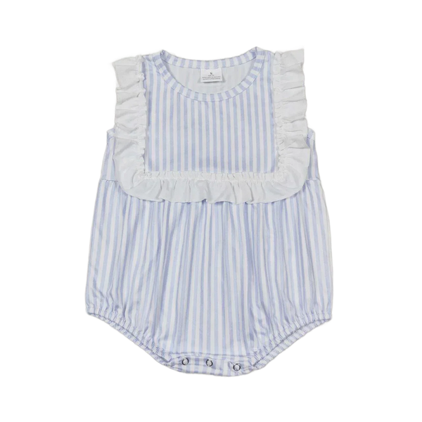 baby summer rompers blue and white striped sleeveless romper with white ruffle trim for infants