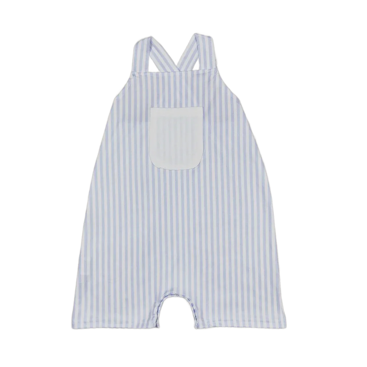 baby summer rompers in light blue and white stripes with front pocket, sleeveless design for infants