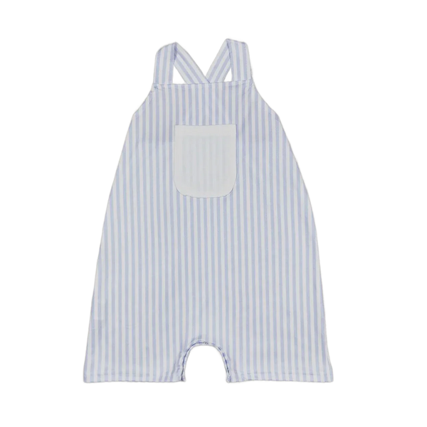 baby summer rompers in light blue and white stripes with front pocket, sleeveless design for infants
