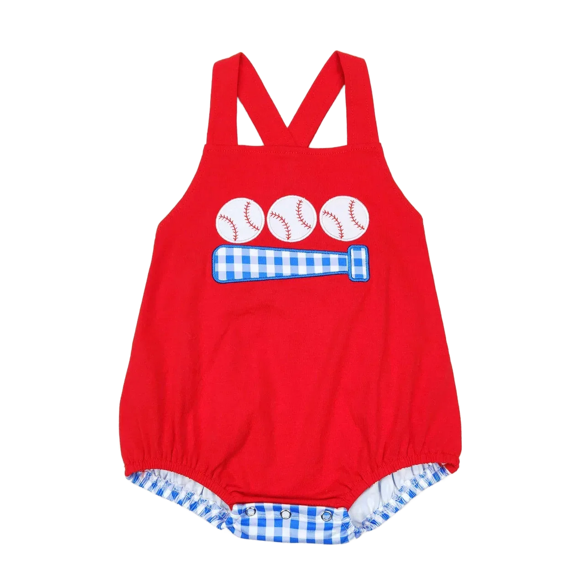 red baby summer rompers with blue gingham baseball bat and ball design for infants
