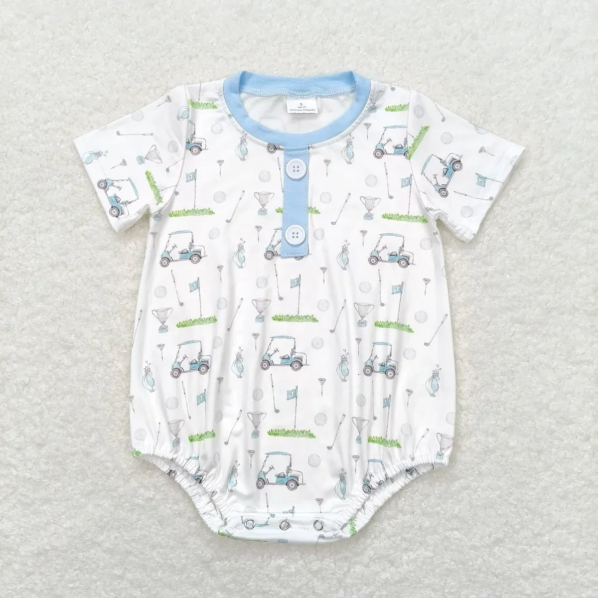 White baby summer rompers with blue trim and golf cart pattern for infants