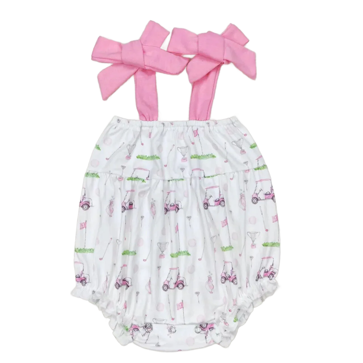 White baby summer rompers with pink bow straps and golf cart print for infants
