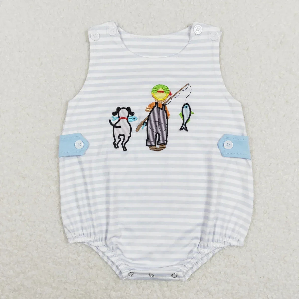 Baby summer rompers white and light blue striped with boy and dog fishing applique for infants