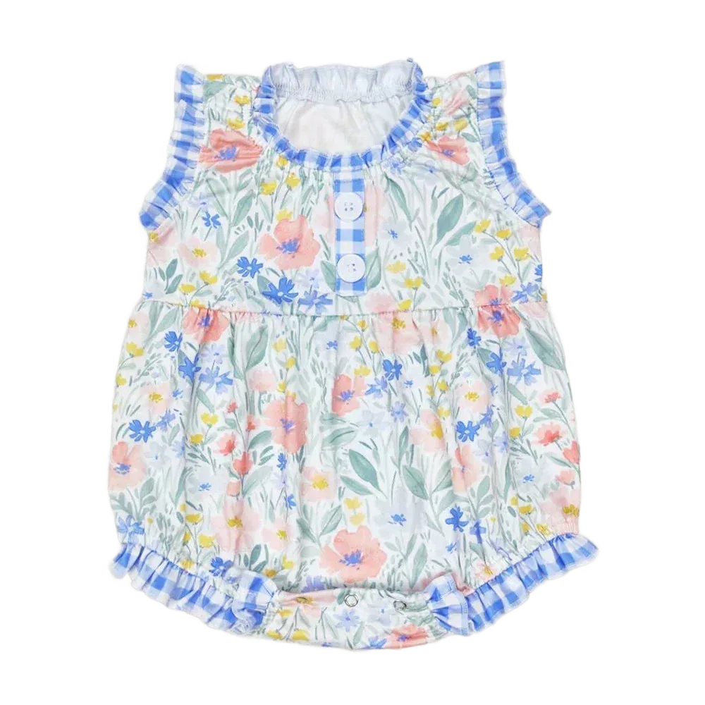 Floral baby sunsuit with blue gingham trim and ruffle sleeves for infants