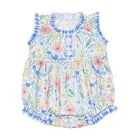 Floral baby sunsuit with blue gingham trim and ruffle sleeves for infants