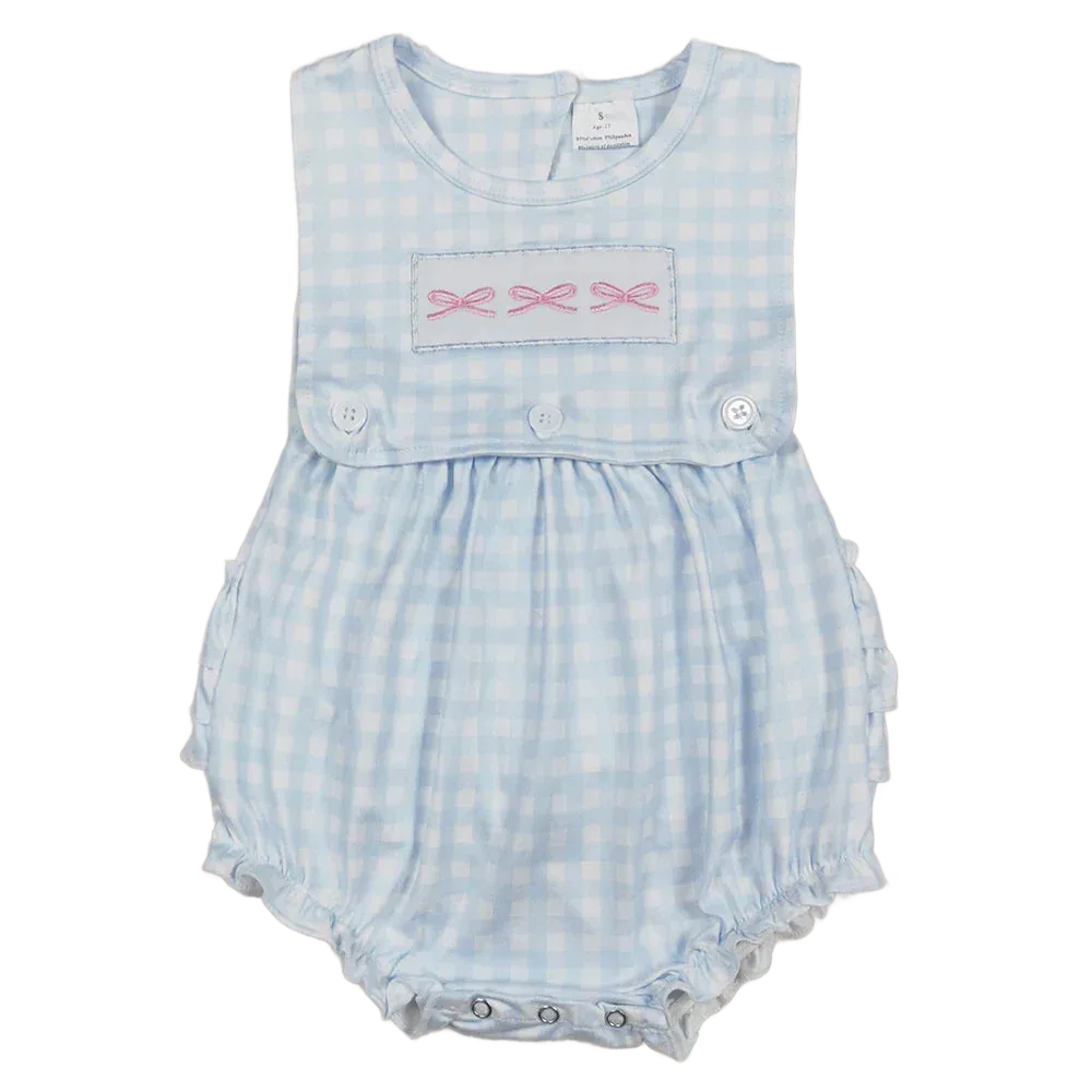 baby sunsuit light blue gingham pattern with pink bow embroidery for infants