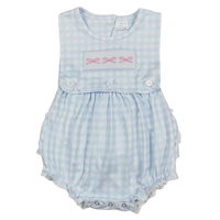 baby sunsuit light blue gingham pattern with pink bow embroidery for infants