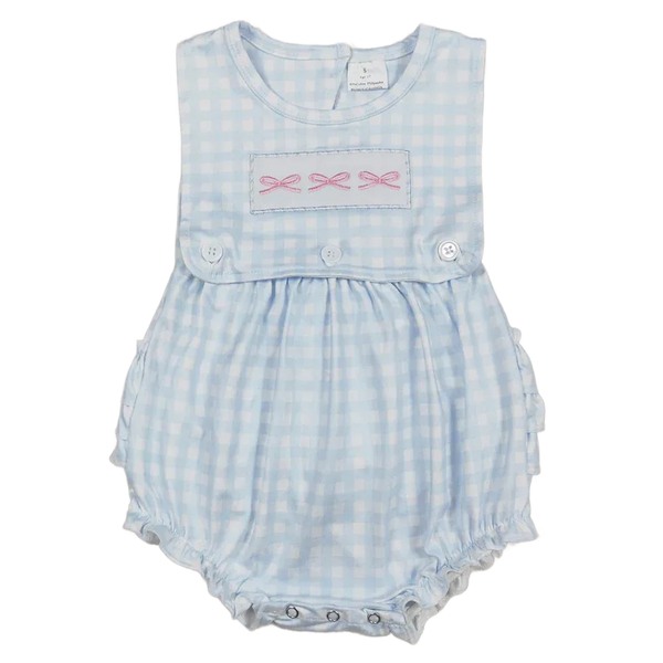 baby sunsuit light blue gingham pattern with pink bow embroidery for infants