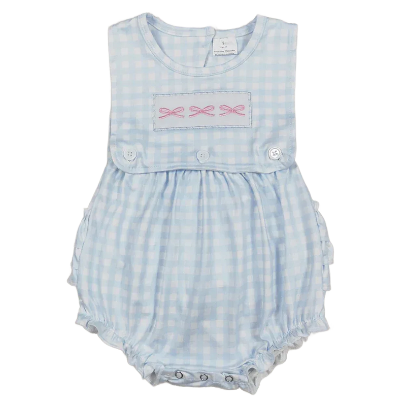 baby sunsuit light blue gingham pattern with pink bow embroidery for infants