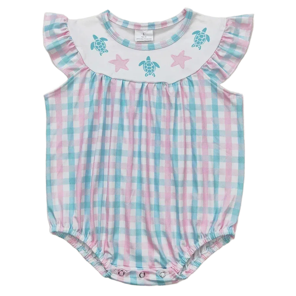 baby sunsuit in pink blue check pattern with sea turtle and star applique for infants