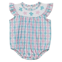 baby sunsuit in pink blue check pattern with sea turtle and star applique for infants