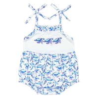 White and blue baby sunsuit with turtle print and tie shoulder straps for infants