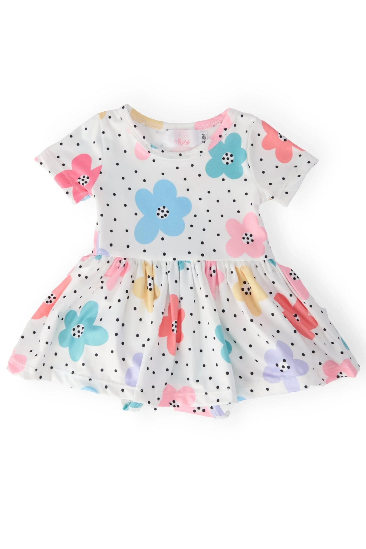 White baby twirl bodysuit dress with colorful flowers and black polka dots for infants