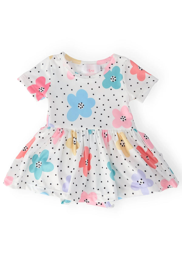 White baby twirl bodysuit dress with colorful flowers and black polka dots for infants