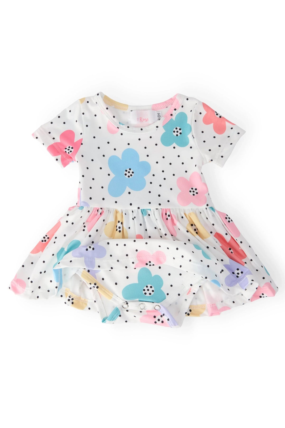 Mila & Rose baby twirl bodysuit dress with colorful flowers and black polka dots, short sleeve infant size