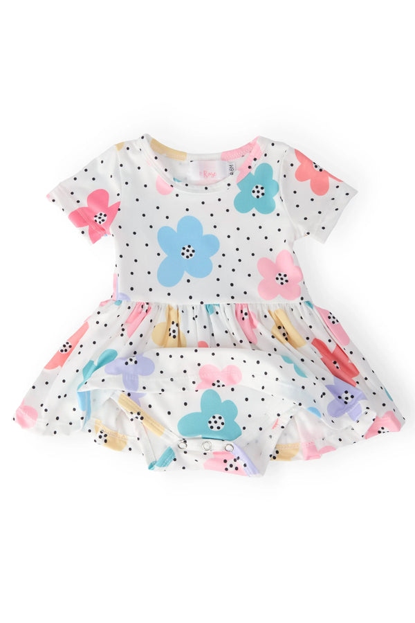 Mila & Rose baby twirl bodysuit dress with colorful flowers and black polka dots, short sleeve infant size