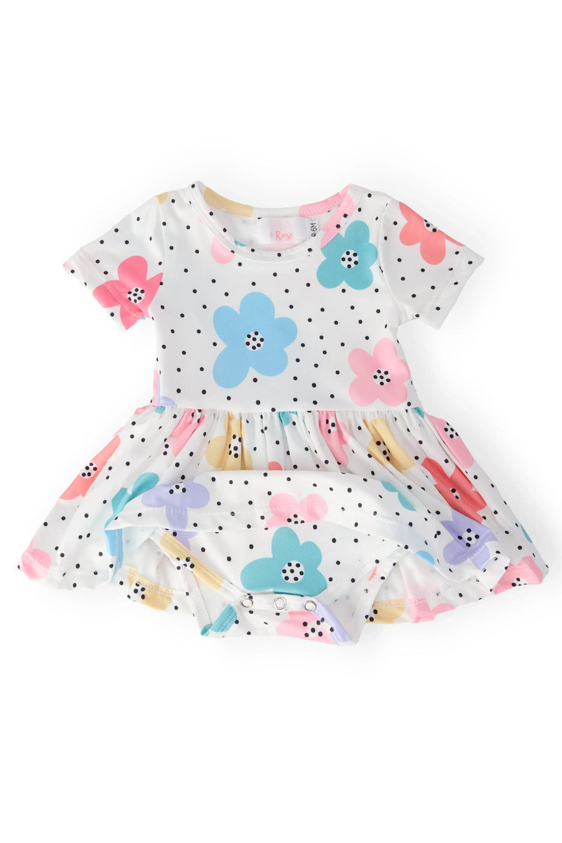 Mila & Rose baby twirl bodysuit dress with colorful flowers and black polka dots, short sleeve infant size