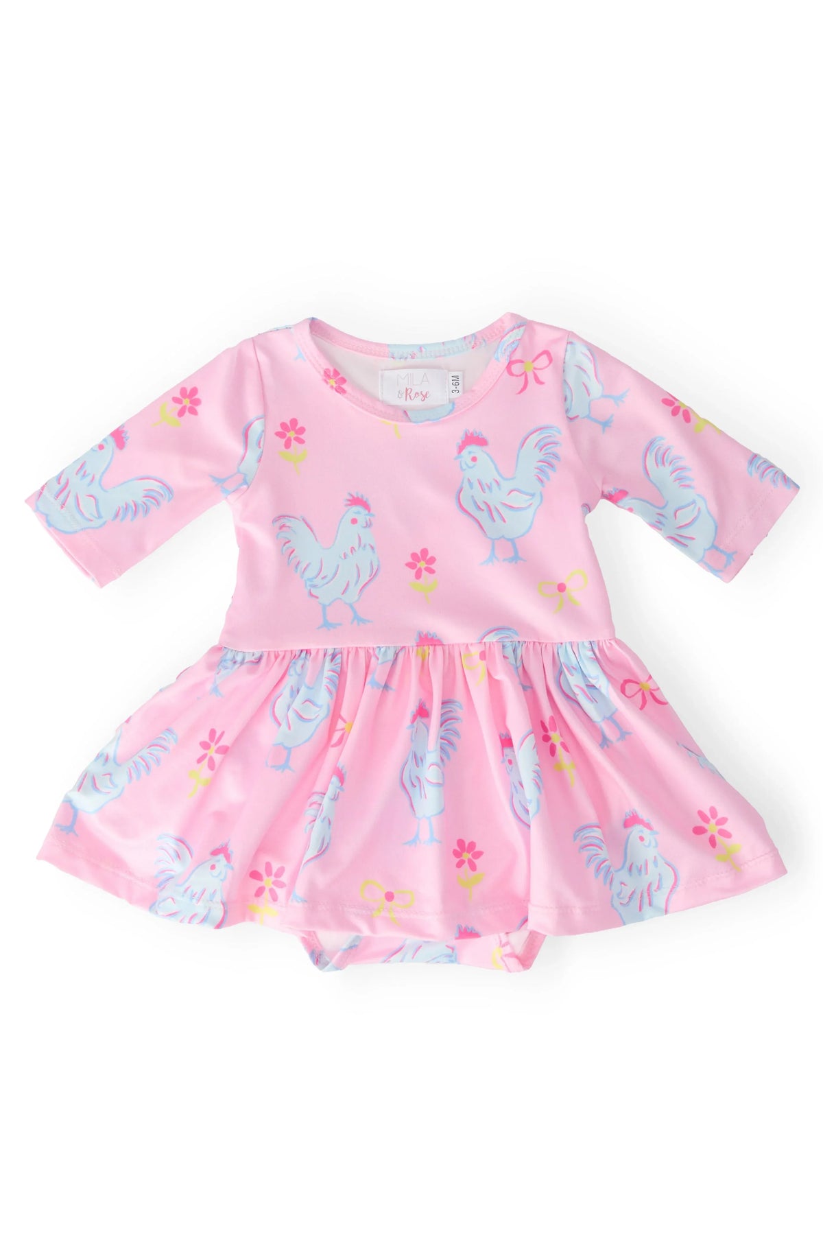 Mila & Rose baby twirl bodysuit with skirt in pink with blue rooster print 3 to 6 months