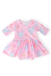 Mila & Rose baby twirl bodysuit with skirt in pink with blue rooster print 3 to 6 months