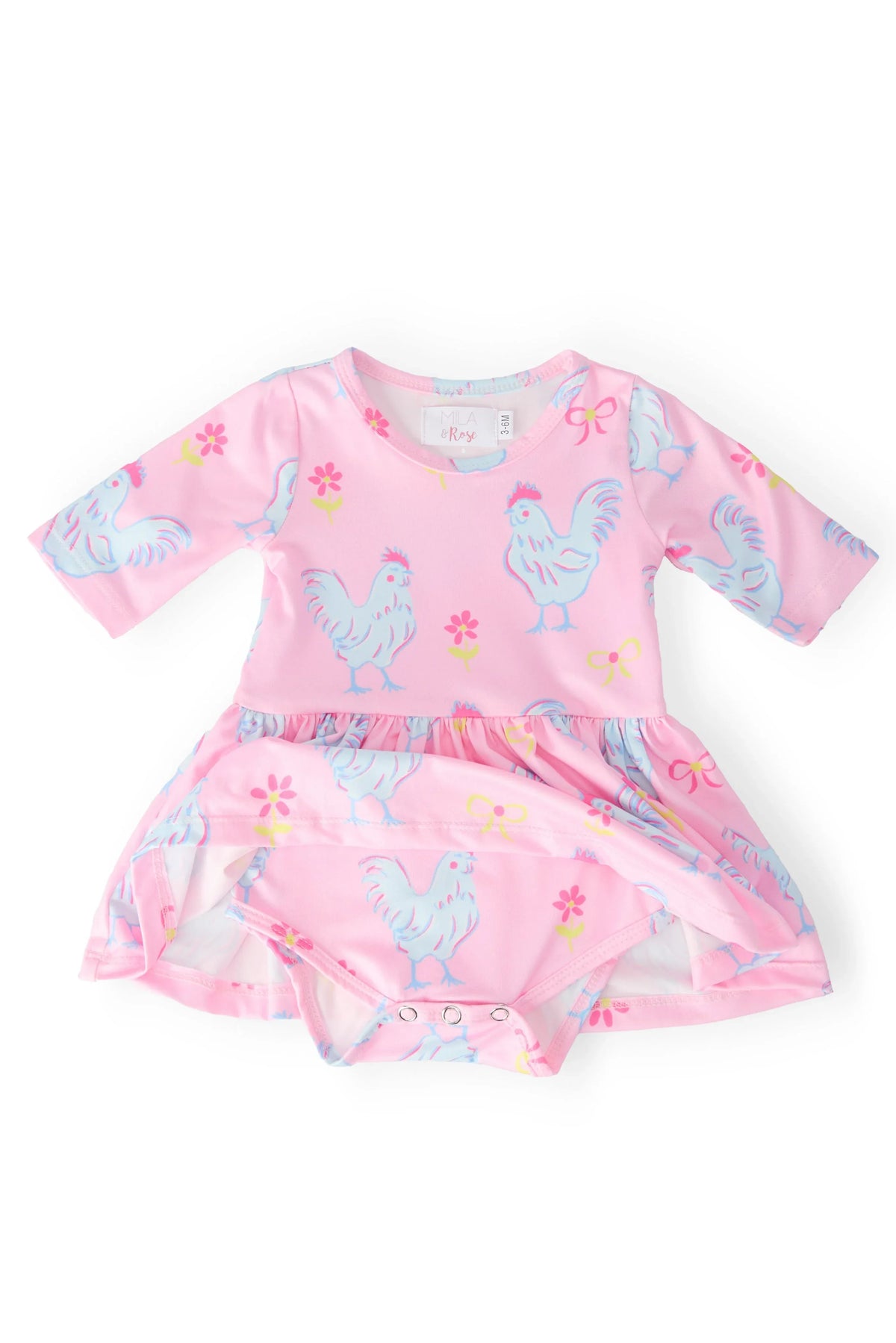 Pink baby twirl bodysuit with skirt featuring blue rooster and flower print, 3/4 sleeve for infants