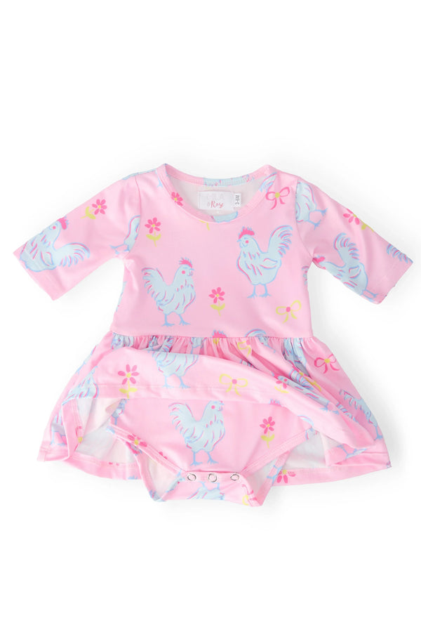 Pink baby twirl bodysuit with skirt featuring blue rooster and flower print, 3/4 sleeve for infants