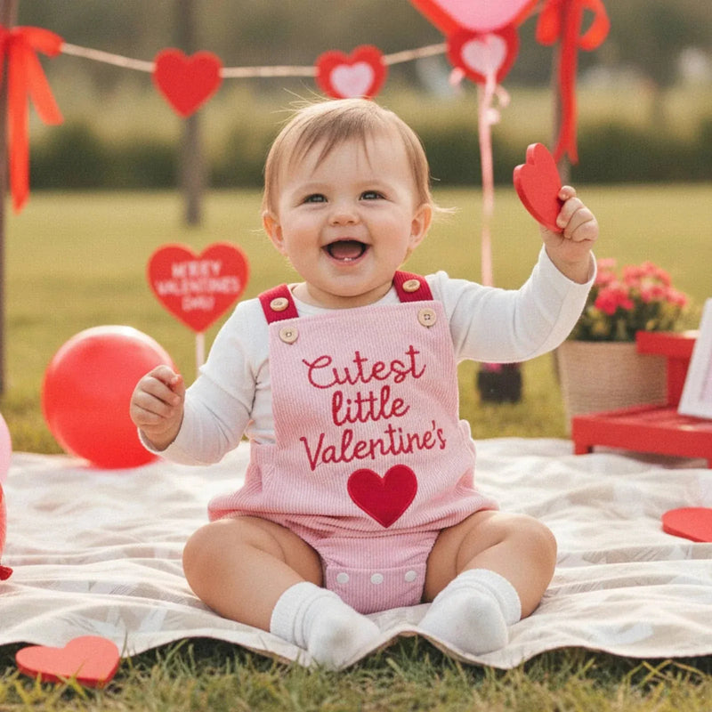 Smiling baby wearing pink baby valentines romper with heart design sitting outdoors on blanket