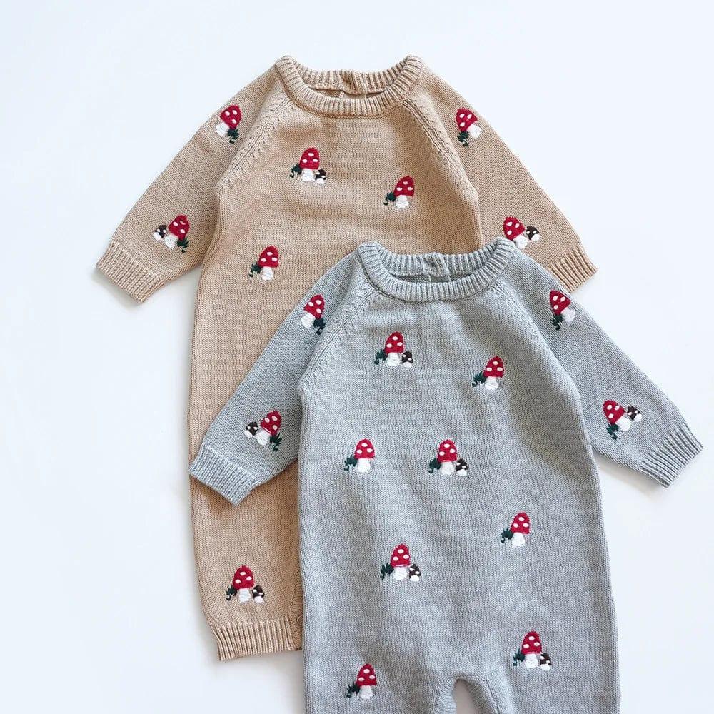 Baby winter romper set with beige and gray colors featuring red mushroom pattern for infants