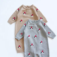 Baby winter romper set with beige and gray colors featuring red mushroom pattern for infants