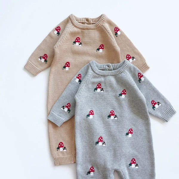 Baby winter romper set with beige and gray colors featuring red mushroom pattern for infants