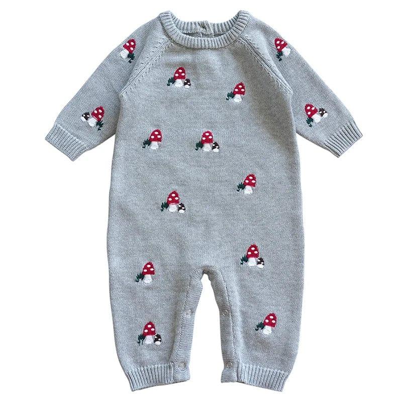 gray baby winter romper with red mushroom pattern knitted for infants