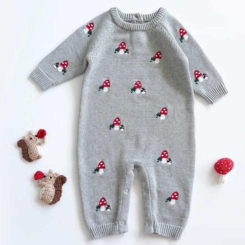 Gray baby winter romper with red mushroom pattern, long sleeve knit for infants