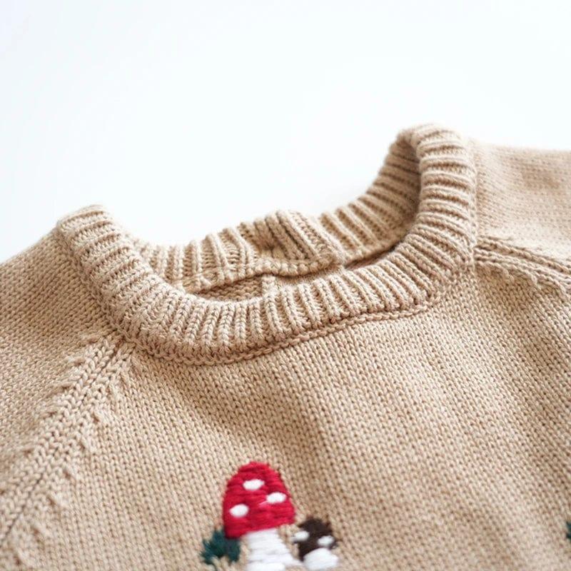 Beige baby winter romper with mushroom embroidery and ribbed collar for infants