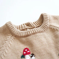 Beige baby winter romper with mushroom embroidery and ribbed collar for infants