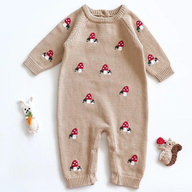Beige baby winter romper with red mushroom embroidery, long sleeve knit for infants