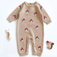 Beige baby winter romper with red mushroom embroidery, long sleeve knit for infants