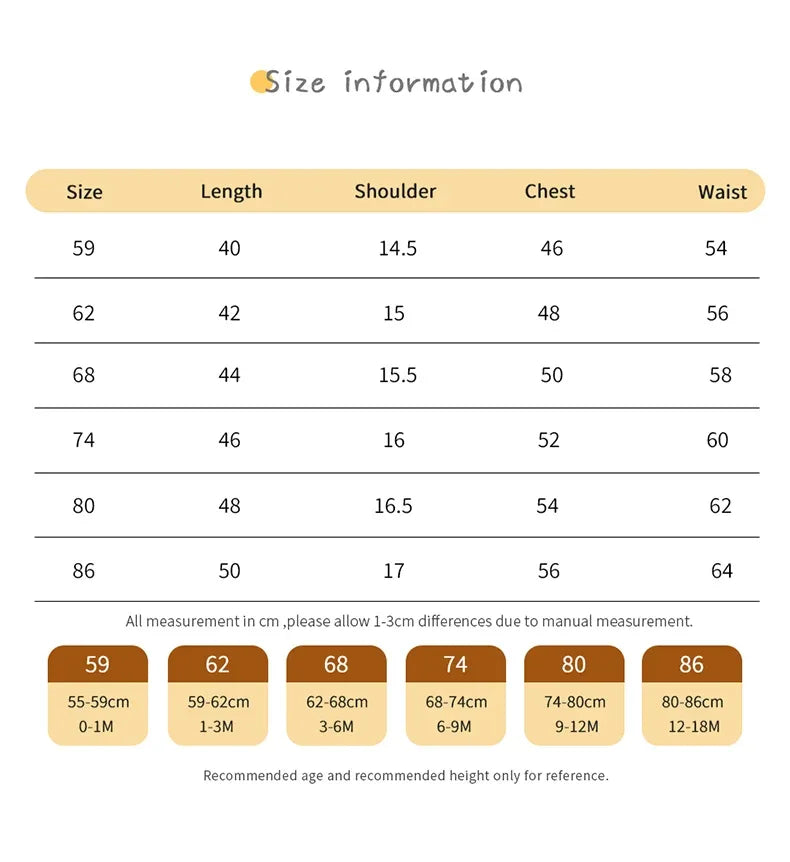 Size chart for nautical baby romper showing length, shoulder, chest, and waist measurements for sizes 0 to 12 months