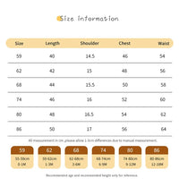 Size chart for nautical baby romper showing length, shoulder, chest, and waist measurements for sizes 0 to 12 months