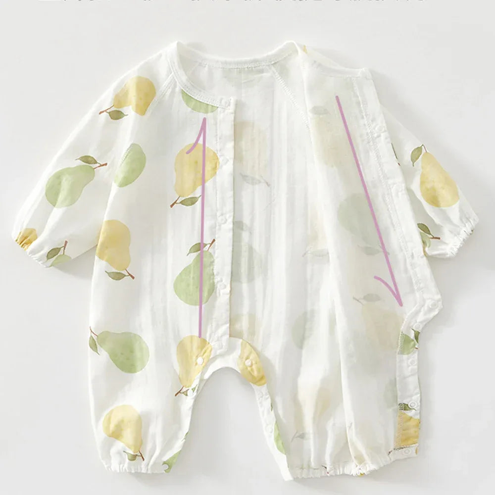 White cotton fruit print baby romper with yellow and green pear patterns for babies and kids